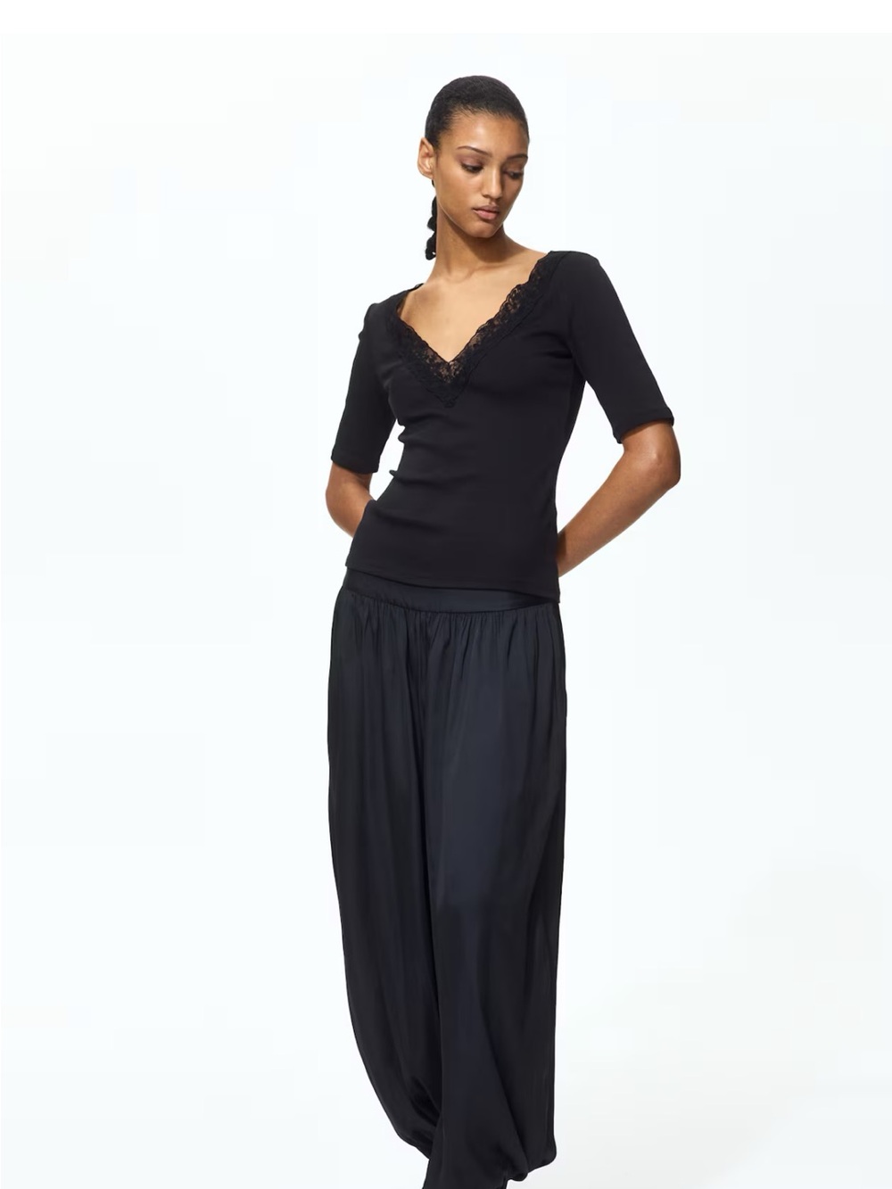 H&M Black ribbed Lace-Trim V-Neck Short Sleeve Top